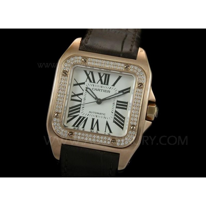 Replika Cartier Santos 100 Ladies Klokker Rose Gold Case Diamonds