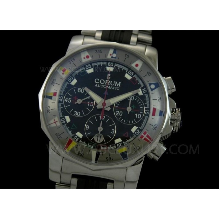 Replika Corum Admirals Cup Chronograph Klokker Black Dial 44mm rustfritt st l armb nd SCO007