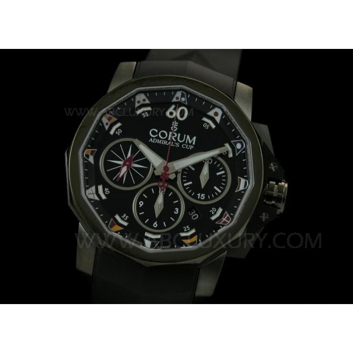 Replika Corum Admirals Cup Chronograph Klokker DLC belagt tilfellet svart Dial Rubber Strap SCO003