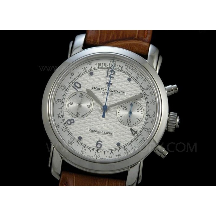 Replika Vacheron Constantin Chronograph Klokker Silver Dial 40mm Brown Leather Strap SVC015